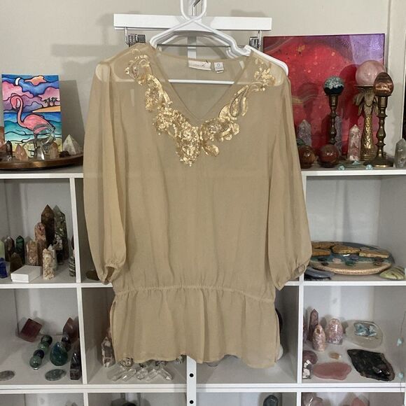 CHICO'S size 0 (small 4/6) embellished sheer tunic EUC luxe - Picture 2 of 6